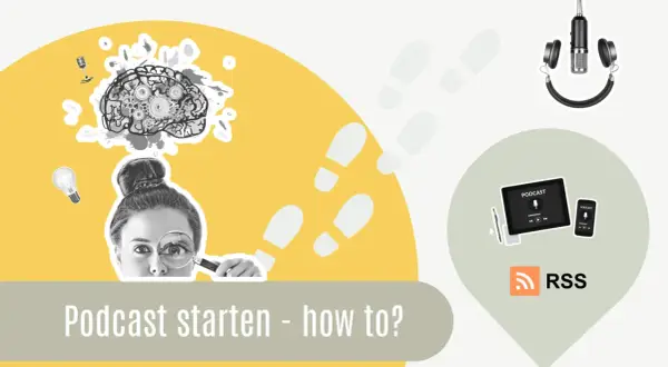 Ideen für deinen Podcast: Gehirn mit Zahnrädern, Glühbirne, Lupe und Mikrofon. So kannst du deinen Podcast selber machen.