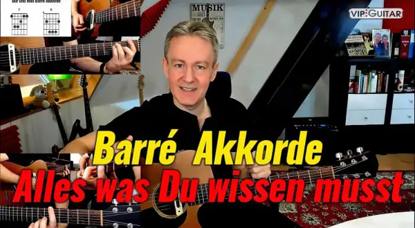 Mann erklärt Barré Akkorde auf Gitarre. Diagramme zeigen F- und B-Akkorde. Alles, was du wissen musst!