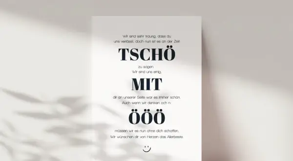 Abschiedskarte mit lustigem Text für einen Kollegen: "Tschö mit Ö" statt "Tschö mit O". Wir wünschen dir alles Gute!