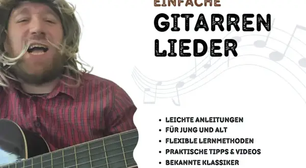 Mann mit Perücke spielt Gitarre. Text: Einfache Gitarrenlieder, leichte Anleitungen für jung und alt.