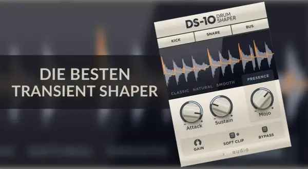 DS-10 Drum Shaper, ein transient shaper Plugin, mit Wellenformen und Reglern für Attack, Sustain und Mojo.