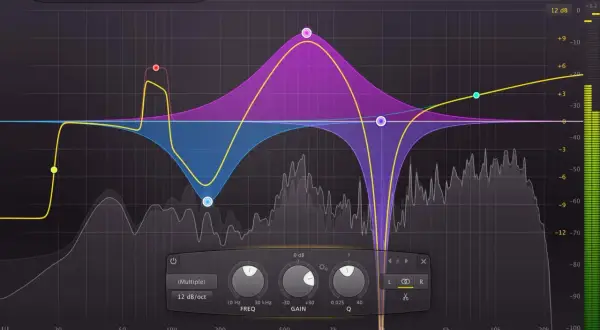 FabFilter Pro-Q² EQ-Plugin mit detaillierten Frequenzkurven. Mastering-Plugin-Einstellungen werden hier visualisiert.