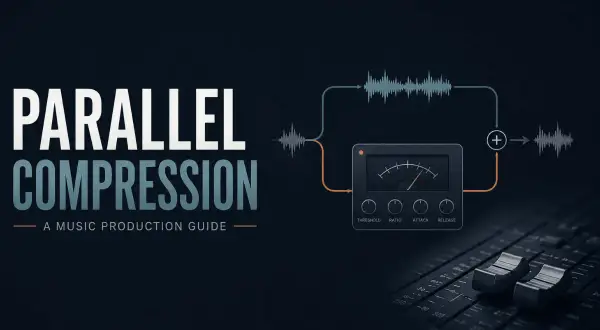 Grafik erklärt **parallel compression** mit Wellenformen, einem Kompressor-Interface und Fader.