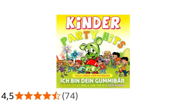 Kinder Party Hits mit lustigen Liedern zum Mitsingen, einem Gummibär und tanzenden Kindern.