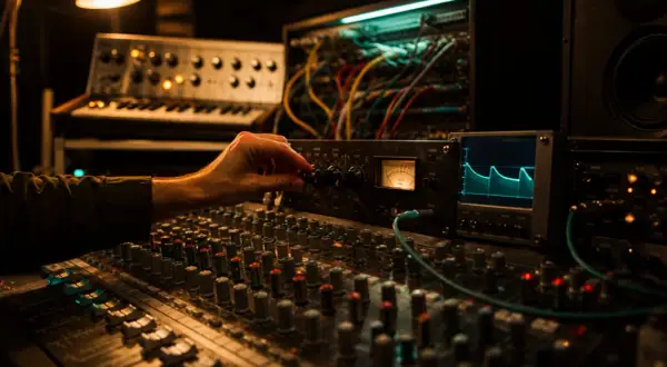 Hand am Mischpult stellt Sidechain-Kompression ein, während ein Oszilloskop die Wellenform anzeigt.