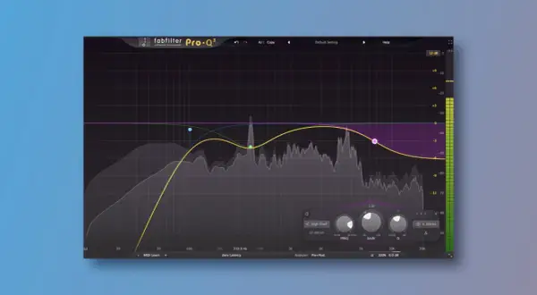 Fabfilter Pro-Q³ mit linear phase eq. zeigt Frequenzgang-Analyse mit mehreren Kurven und Reglern für präzise Klangbearbeitung.