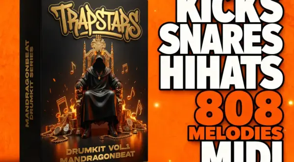 Drumkit-Box "Trapstars" mit mystischer Figur auf Thron, umgeben von Gold und Flammen. Enthält Kicks, Snares, Hihats, 808 Melodien & MIDI-Files für trap samples.