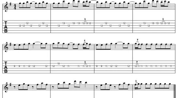 Notenblatt mit Gitarrentabulatur für das Lied "Applaus Applaus" von Sportfreunde Stiller. Perfekt, um ein Gitarrensolo lernen.