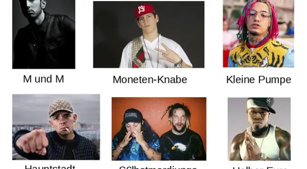 Sechs Bilder von Rappern: M und M, Moneten-Knaben, Kleine Pumpe, Hauptstadt Büstenhalter, S€lbstmordjungs, Halber Euro.