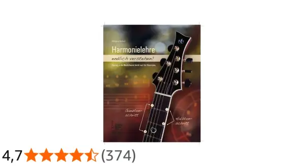 Buchcover "Harmonielehre" zeigt Gitarrenhals mit Markierungen für Ganzton- und Halbtonschritt.