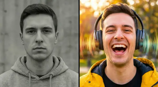 Ein Mann mit Kopfhörern, der lachend Musik hört, im Gegensatz zu seinem ernsten Gesicht links. Lustige Liedtexte zu bekannten Melodien machen den Unterschied.