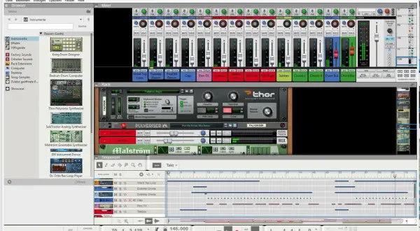 Reason 7 Musiksoftware mit Mixer, Synthesizern und Sequenzer. Grund 8: Die Benutzeroberfläche ist übersichtlich.