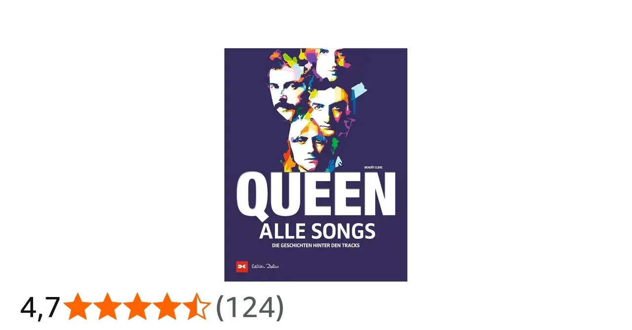 Buchcover mit farbenfrohen Porträts der **Gruppe Queen** und dem Titel "Queen: Alle Songs".