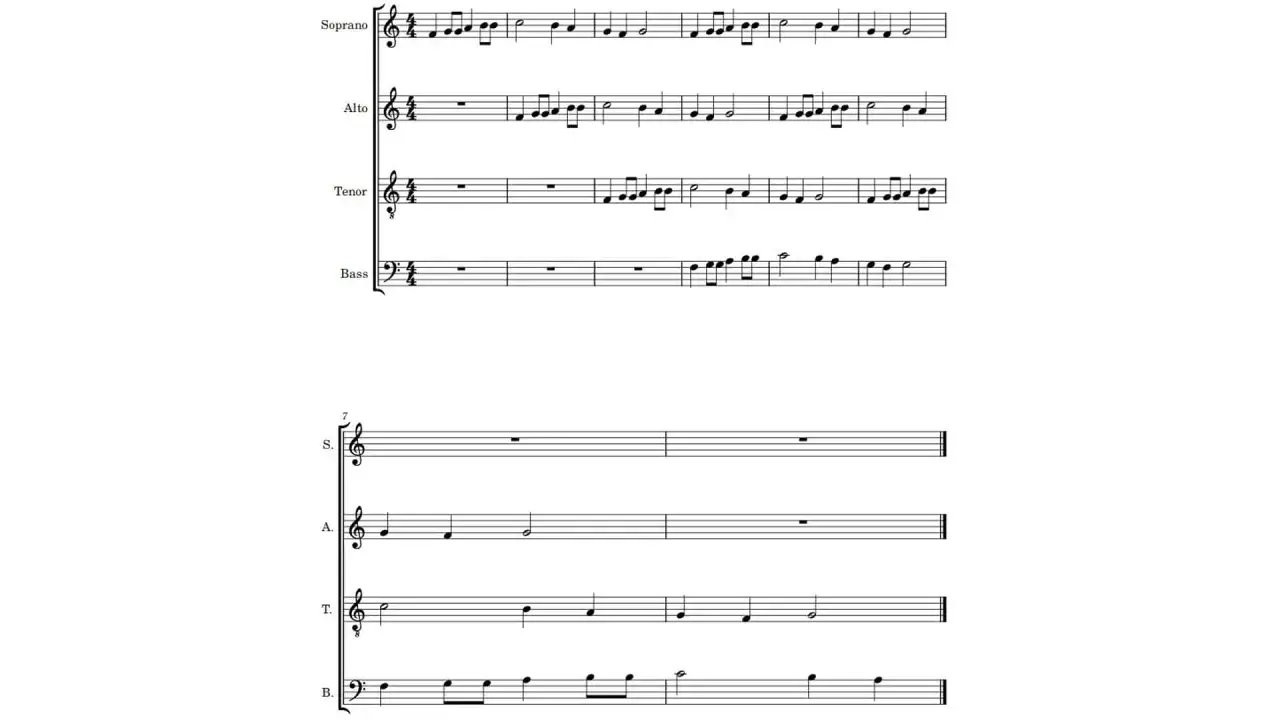 Notenblätter zeigen vierstimmige polyphonie musik für Sopran, Alt, Tenor und Bass.