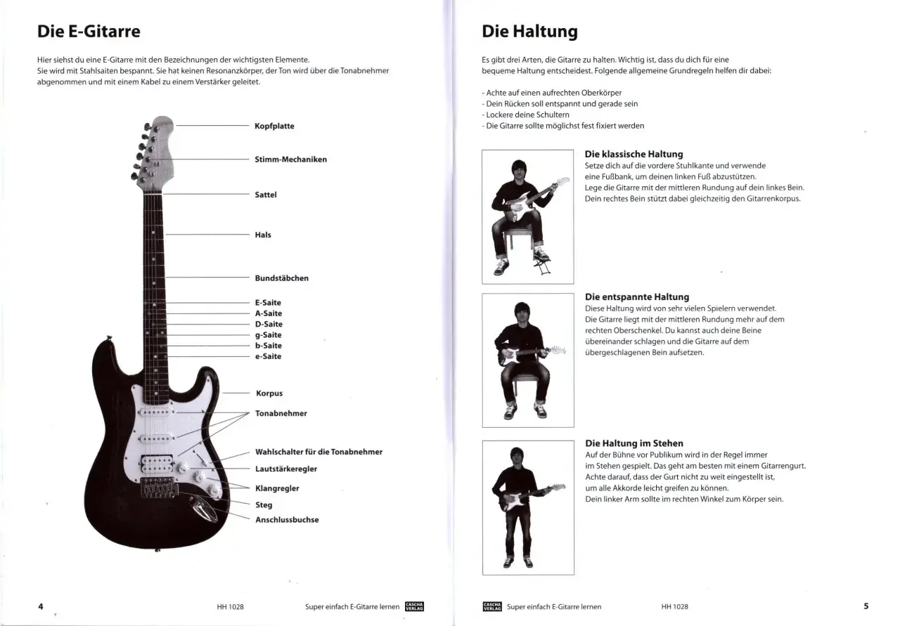 Mann spielt E-Gitarre im Stehen. Der Gitarrengurt ist wichtig, damit man alle Akkorde leicht greifen kann.