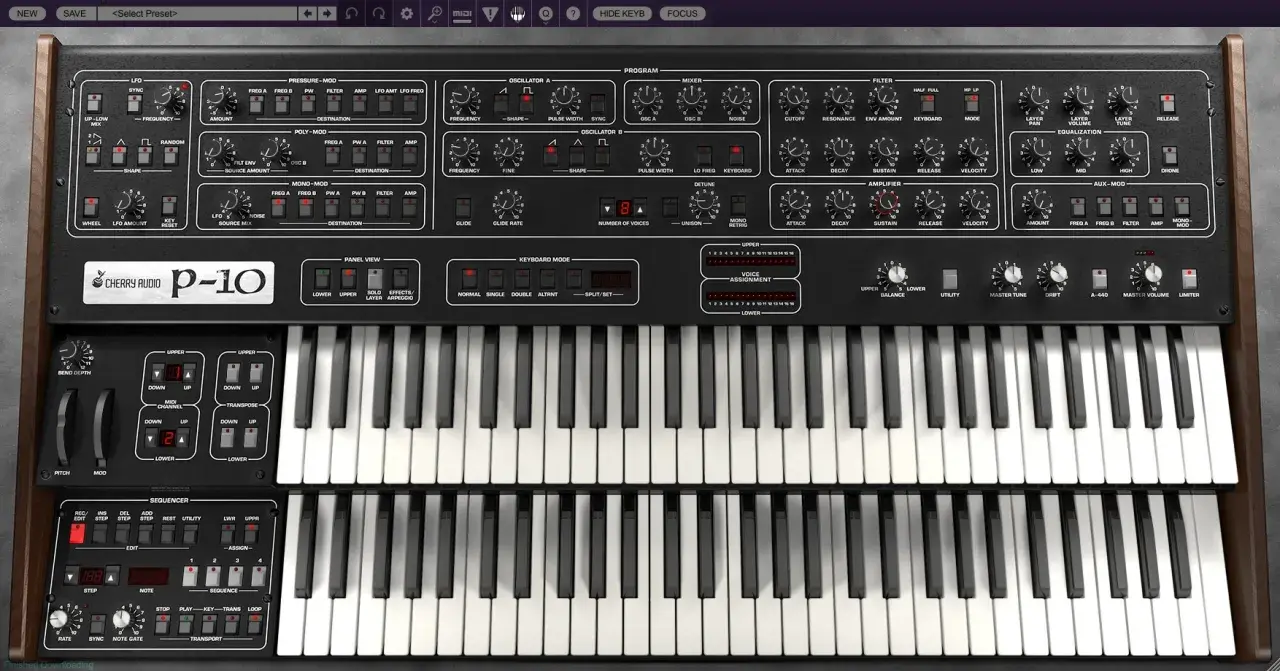 Cherry Audio P-10 Synthesizer mit zwei Manualen und vielen Reglern.
