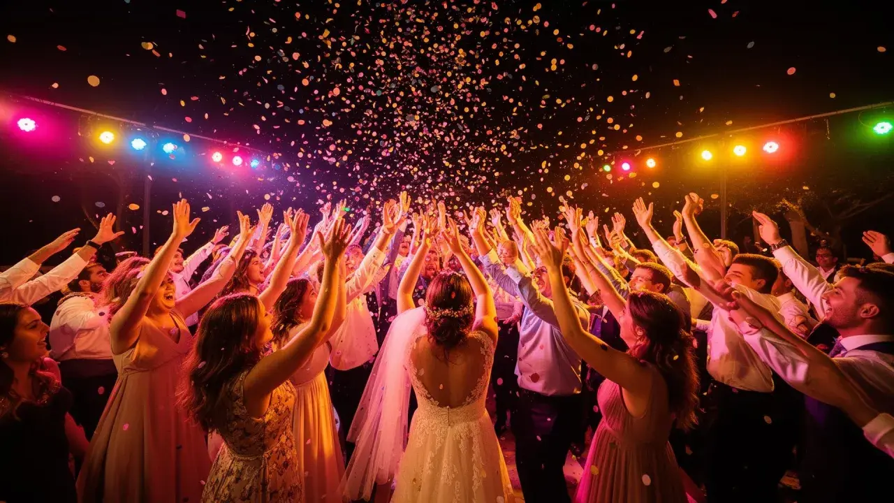 Bunte Konfetti regnet auf eine tanzende Menge, die mit erhobenen Armen feiert. Die Stimmung ist ausgelassen, die Musik zum Tanzen lädt zum Feiern ein.