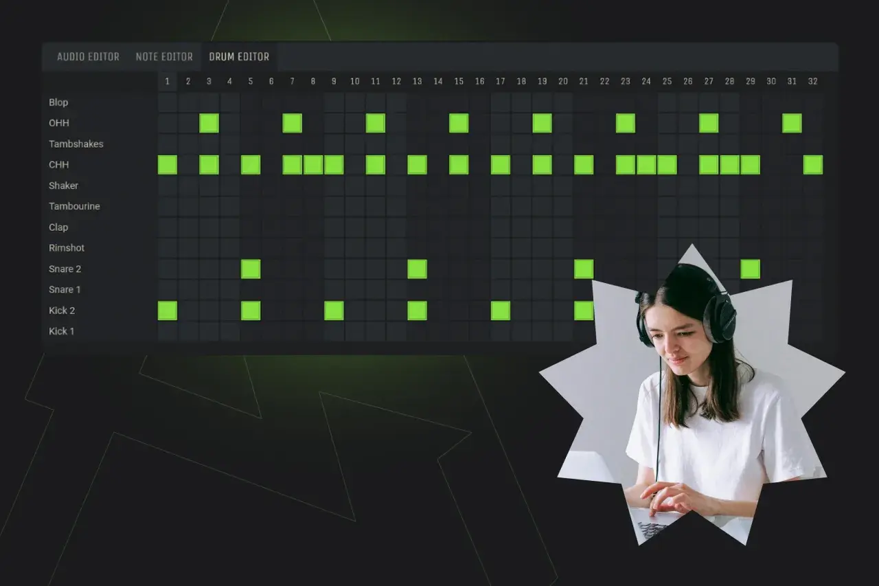 Eine junge Frau mit Kopfhörern am Laptop erstellt Musik. Der Bildschirm zeigt einen Drum-Editor, der erklärt, was bedeutet tracken: Noten werden für verschiedene Instrumente gesetzt.