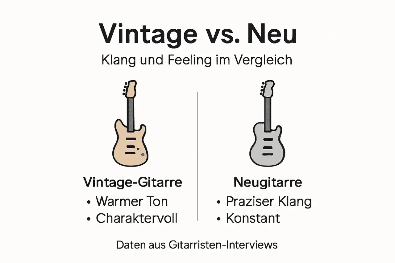 Zwei stilisierte E-Gitarren im Vergleich: eine beige "Vintage-Gitarre" und eine graue "Neugitarre".