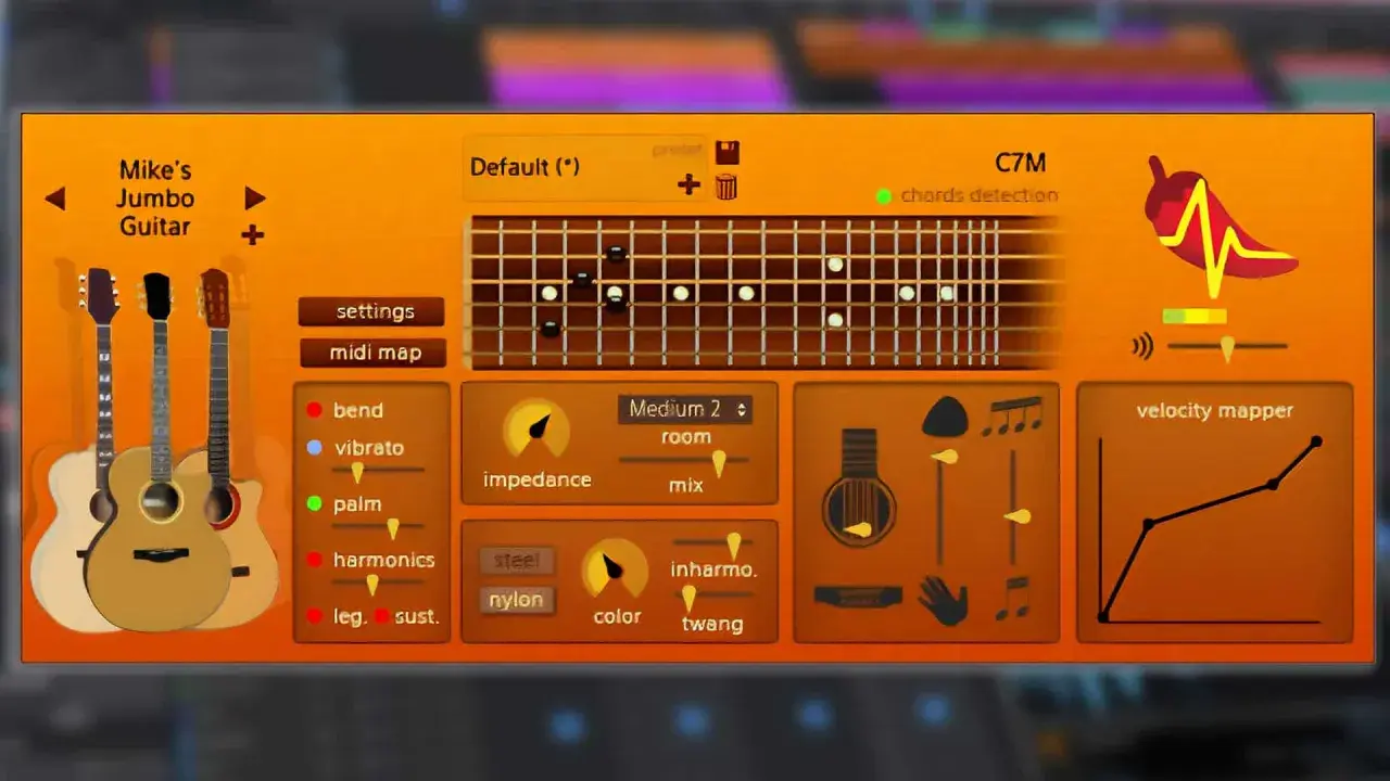 Mike's Jumbo Guitar VST: kostenlose Gitarren-Software mit Akkorderkennung und Velocity Mapper für kreative Sounds.