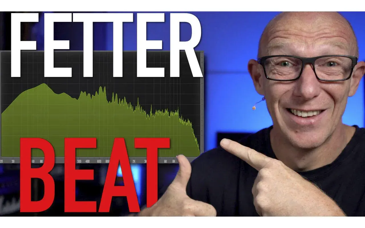 Mann zeigt auf Spektrumanalysator mit "FETTER BEAT" und grünen Kurven, die auf kraftvolle drum loops hindeuten.