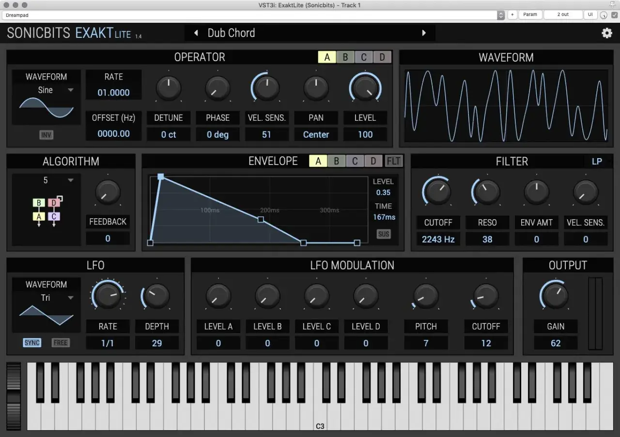 Ein kostenloses Synth-Interface mit Wellenform, Hüllkurve, LFO und Filter-Einstellungen.