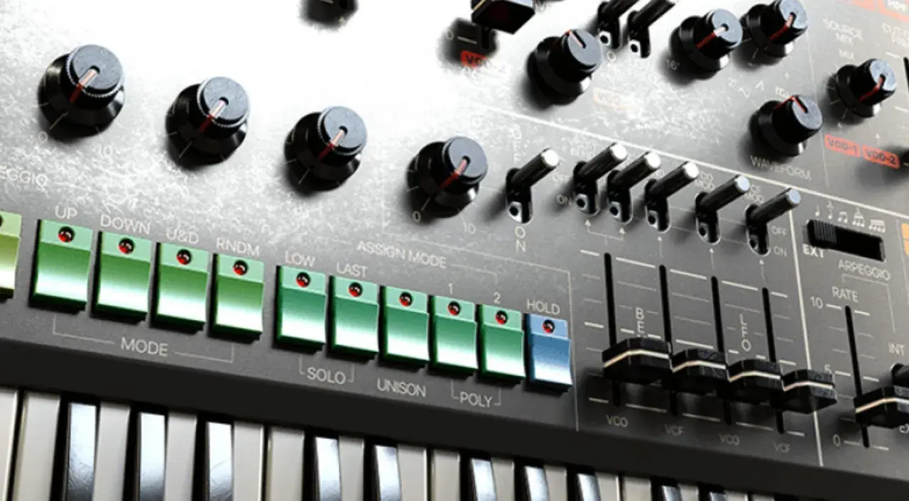 Nahaufnahme eines Synthesizers mit vielen Knöpfen und Schaltern, bereit für neue Synthesizer-News.