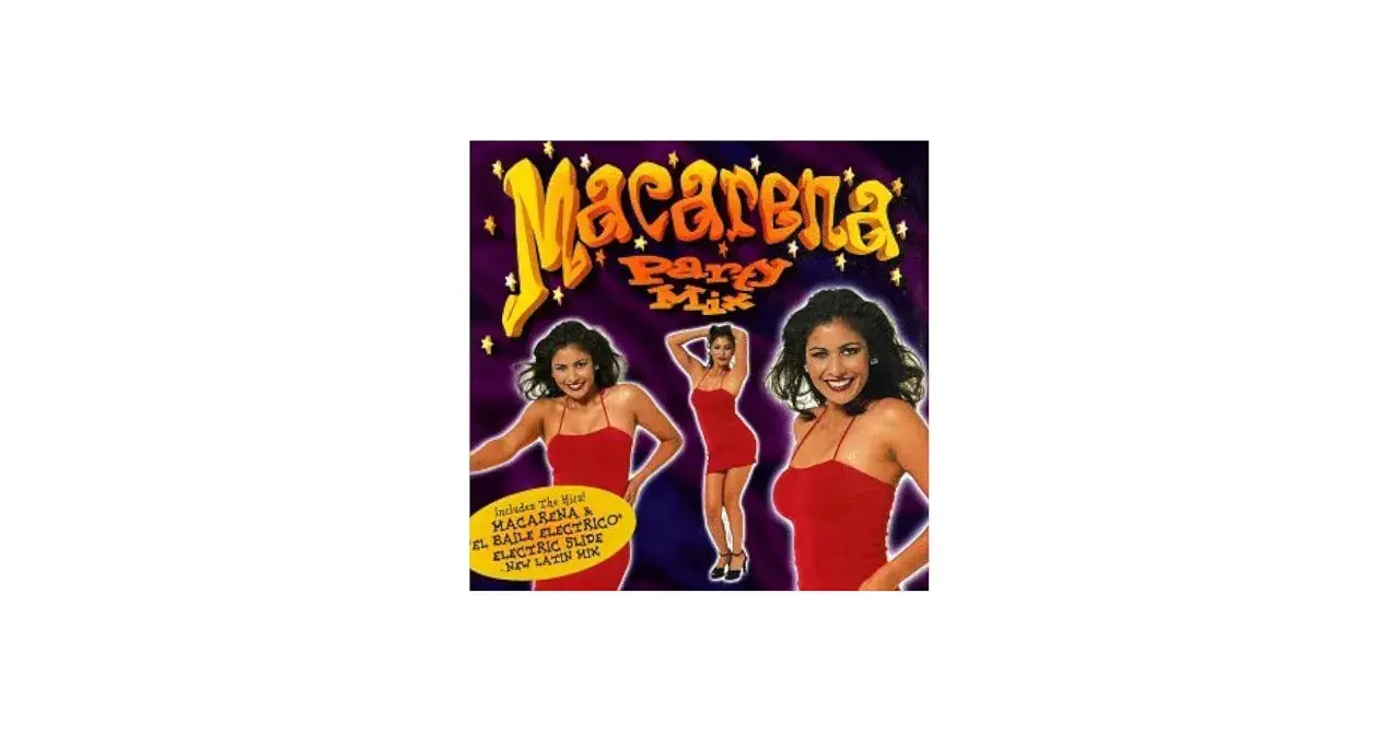 Albumcover "Macarena Party Mix" mit drei Bildern einer Frau in rotem Kleid. Perfekt für Lieder zum Mittanzen wie Macarena.