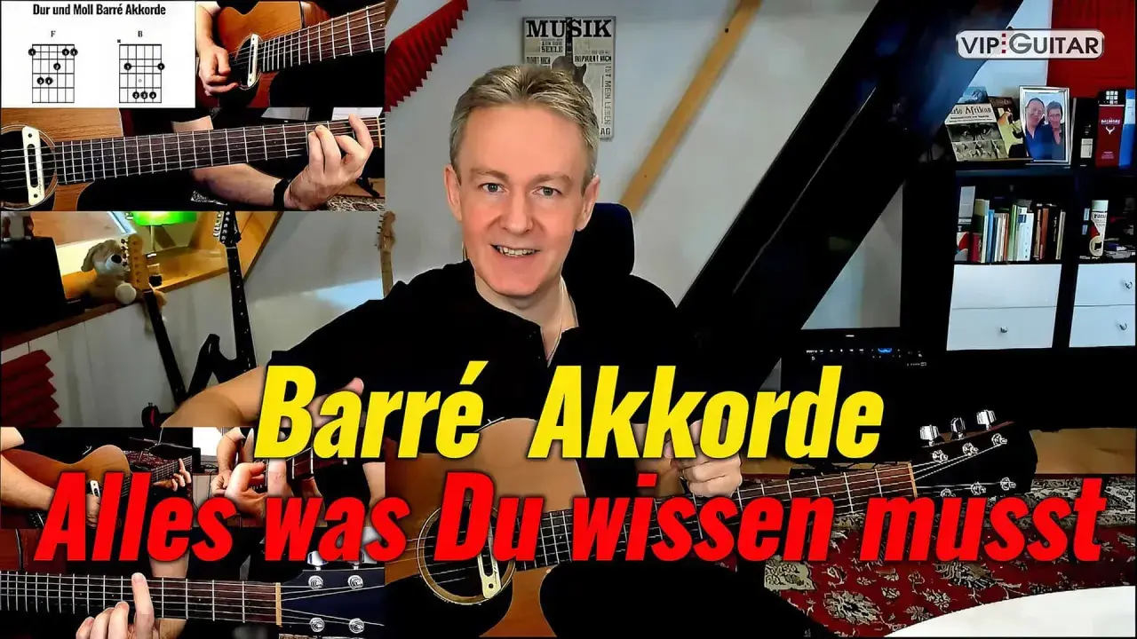 Mann erklärt Barré Akkorde auf Gitarre. Diagramme zeigen F- und B-Akkorde. Alles, was du wissen musst!