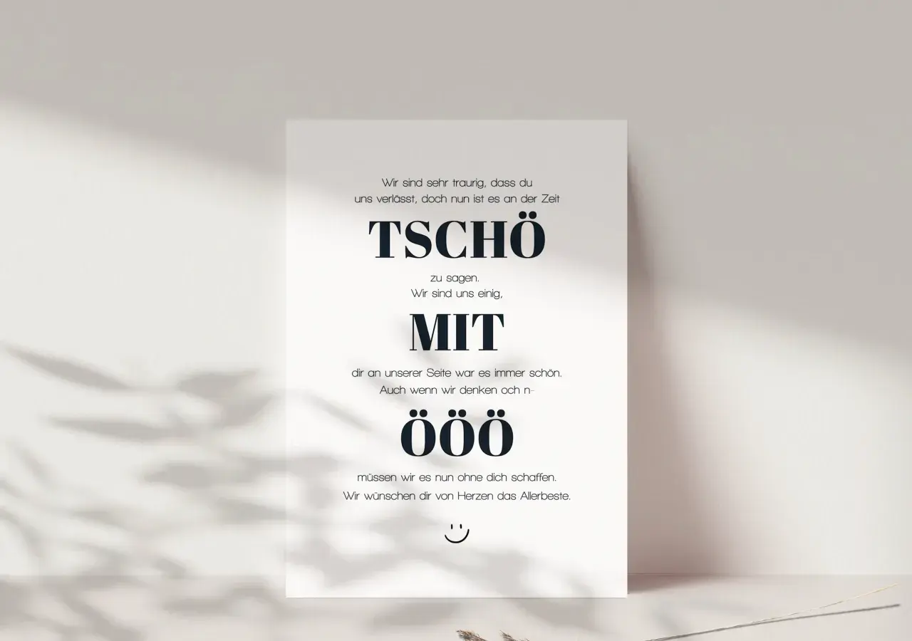 Abschiedskarte mit lustigem Text für einen Kollegen: "Tschö mit Ö" statt "Tschö mit O". Wir wünschen dir alles Gute!
