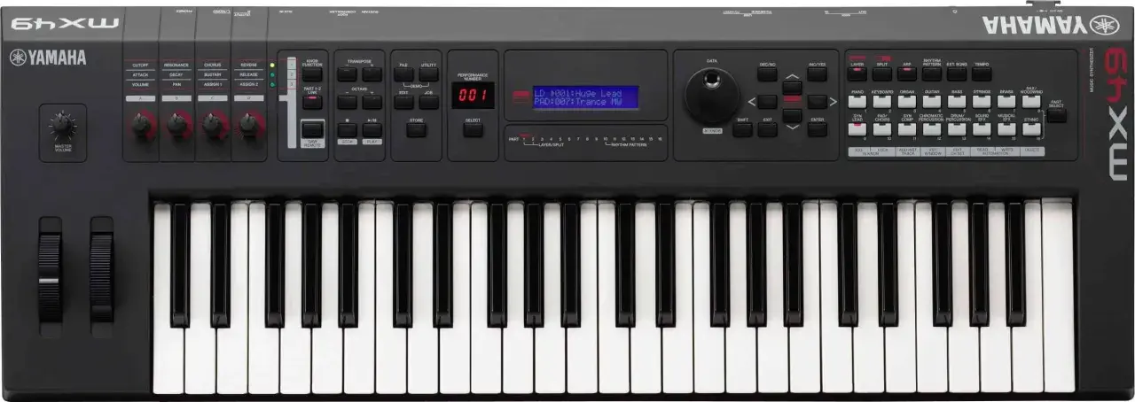 Yamaha MX49 Synthesizer mit 49 Tasten, Reglern und einem Display, bereit für musikalische Kreationen.