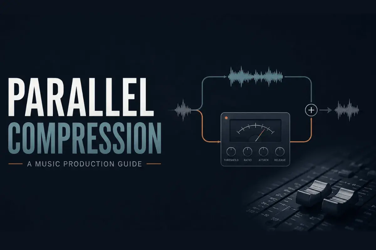 Grafik erklärt **parallel compression** mit Wellenformen, einem Kompressor-Interface und Fader.