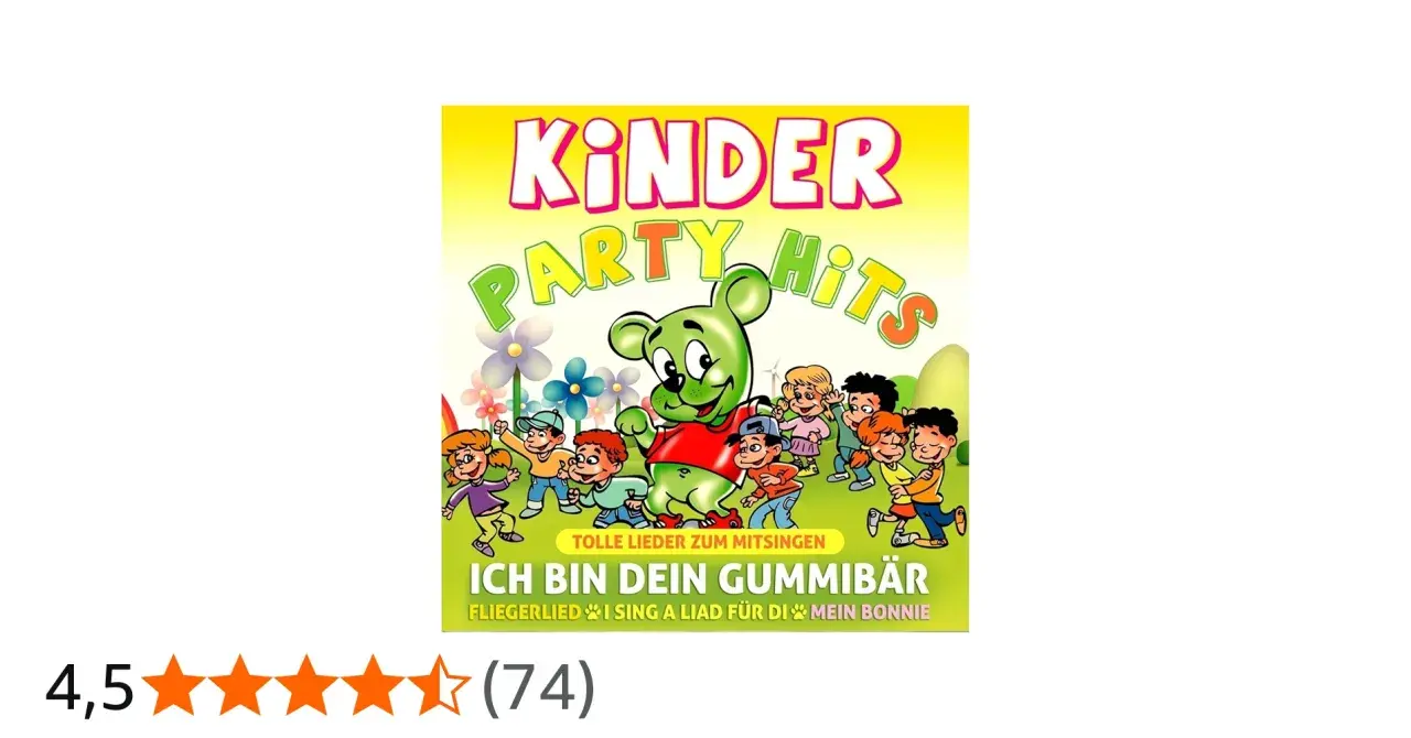Kinder Party Hits mit lustigen Liedern zum Mitsingen, einem Gummibär und tanzenden Kindern.