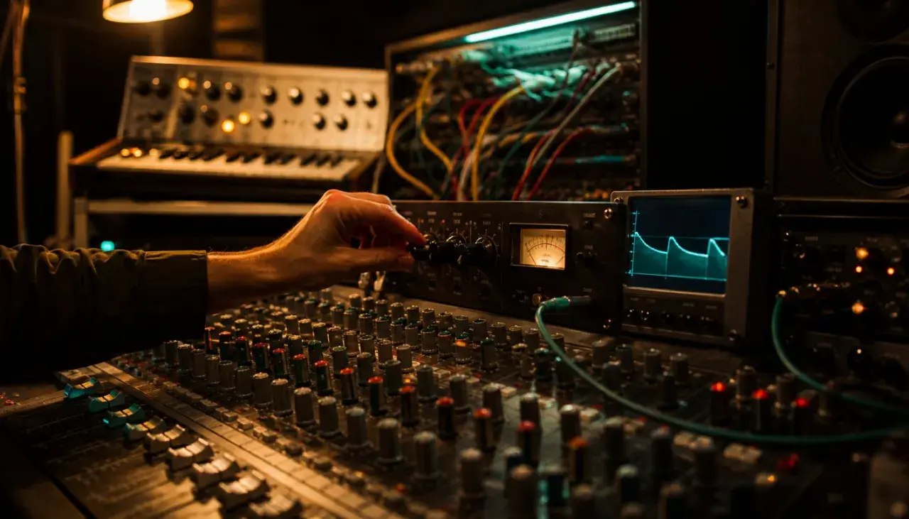 Hand am Mischpult stellt Sidechain-Kompression ein, während ein Oszilloskop die Wellenform anzeigt.