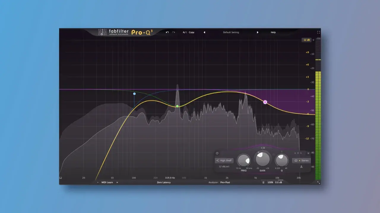 Fabfilter Pro-Q³ mit linear phase eq. zeigt Frequenzgang-Analyse mit mehreren Kurven und Reglern für präzise Klangbearbeitung.