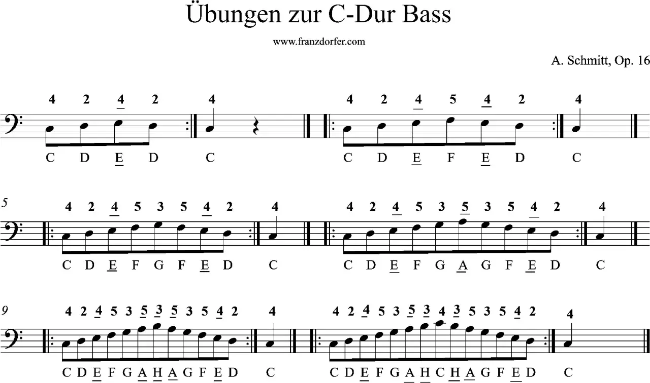 Notenblatt mit Übungen zur C-Dur Tonleiter für Bass.