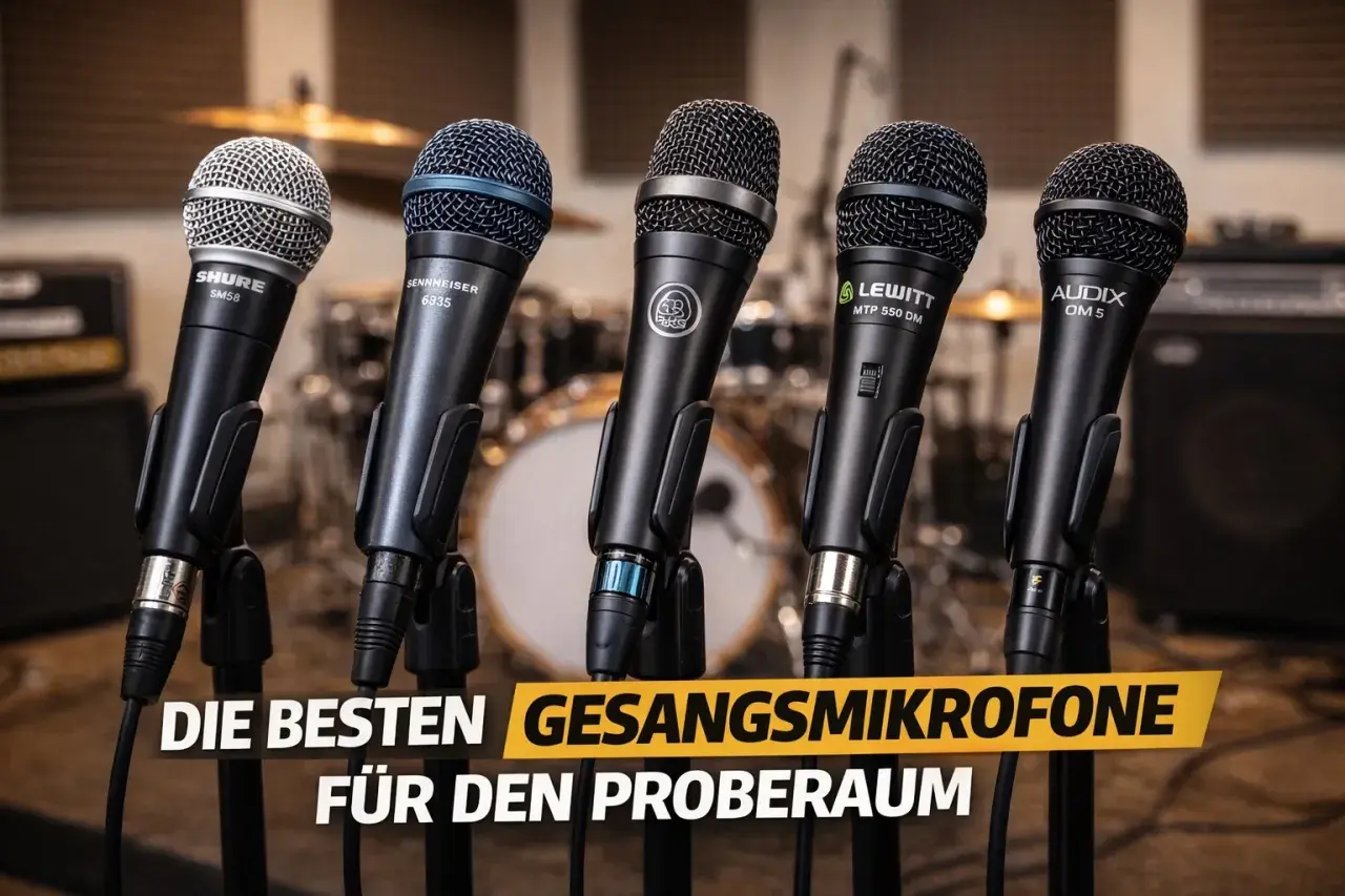 Fünf Mikrofone für den Gesang im Proberaum: Shure SM58, Sennheiser 6935, Lewitt MTP 550 DM, Audix OM 5. Ein Mikrofon-Test für beste Performance.
