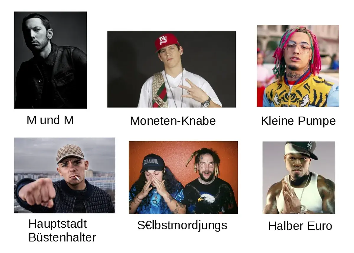 Sechs Bilder von Rappern: M und M, Moneten-Knaben, Kleine Pumpe, Hauptstadt Büstenhalter, S€lbstmordjungs, Halber Euro.