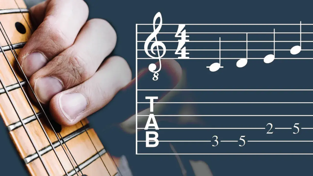 Gitarrenhand übt eine Dur-Tonleiter. Noten und Tabulatur zeigen die Griffe.
