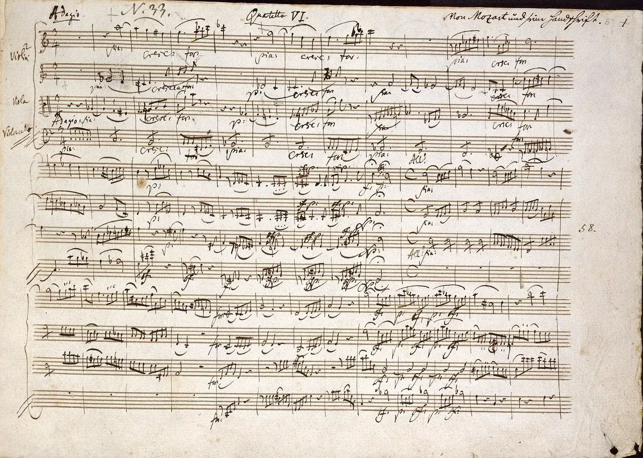 Notenblatt mit handschriftlicher Partitur von Mozart. Ein Blick auf die Entstehung von Mozart bekannte Werke, hier Quartetto VI.