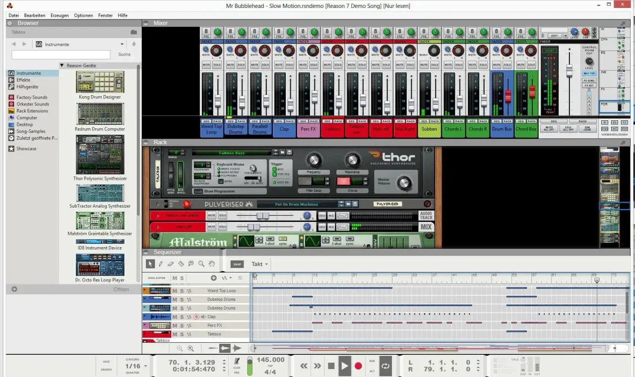 Reason 7 Musiksoftware mit Mixer, Synthesizern und Sequenzer. Grund 8: Die Benutzeroberfläche ist übersichtlich.