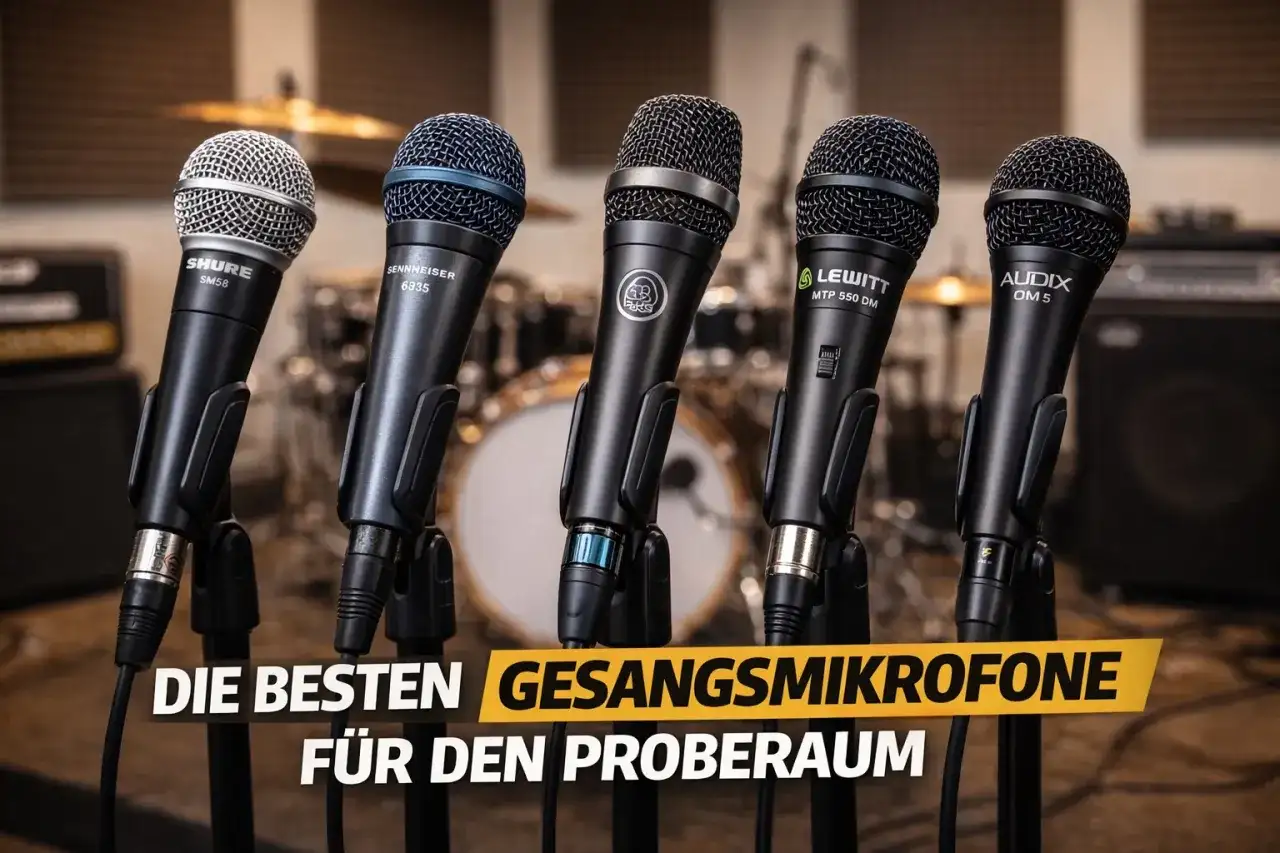 Fünf Mikrofone für den Gesang im Proberaum: Shure SM58, Sennheiser 6935, Lewitt MTP 550 DM, Audix OM 5. Ein Mikrofon-Test für beste Performance.