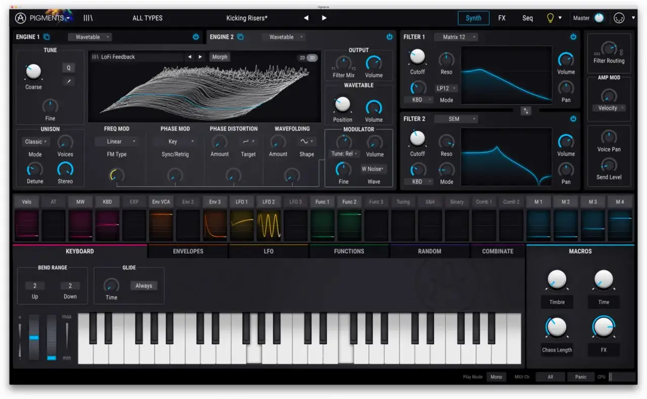 Cherry Audio Pigments: Synthesizer-Interface mit Wellenform-Editor, Filtern, Hüllkurven und Makros.