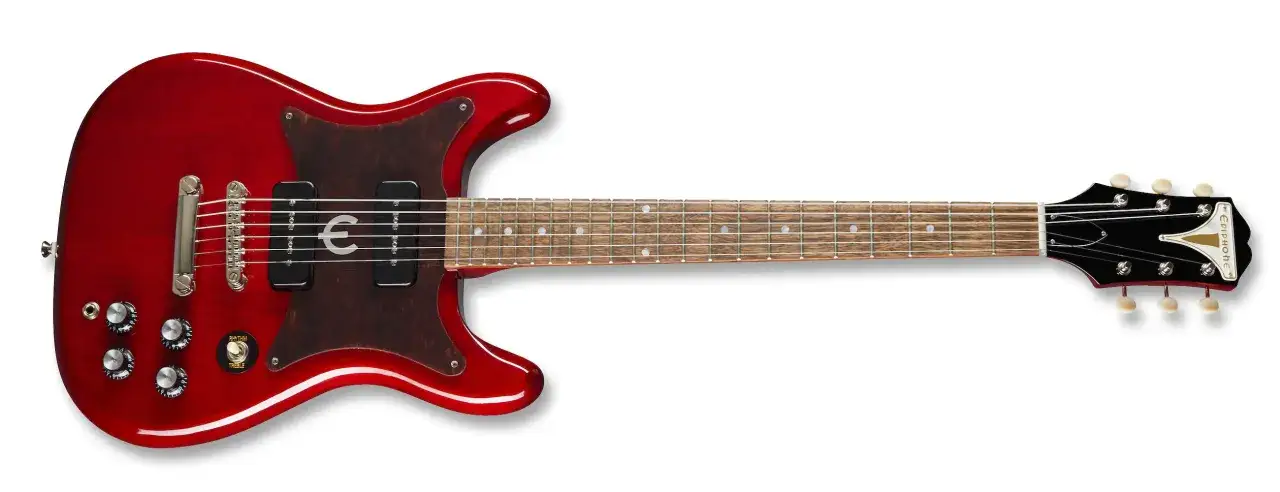 Rote Epiphone Coronet E-Gitarre mit Schildpatt-Pickguard und silbernen Reglern.