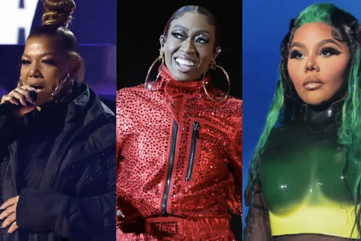 Drei schwarze Rapperinnen: Queen Latifah in Schwarz, Missy Elliott in Rot und Lil' Kim mit grünen Haaren.