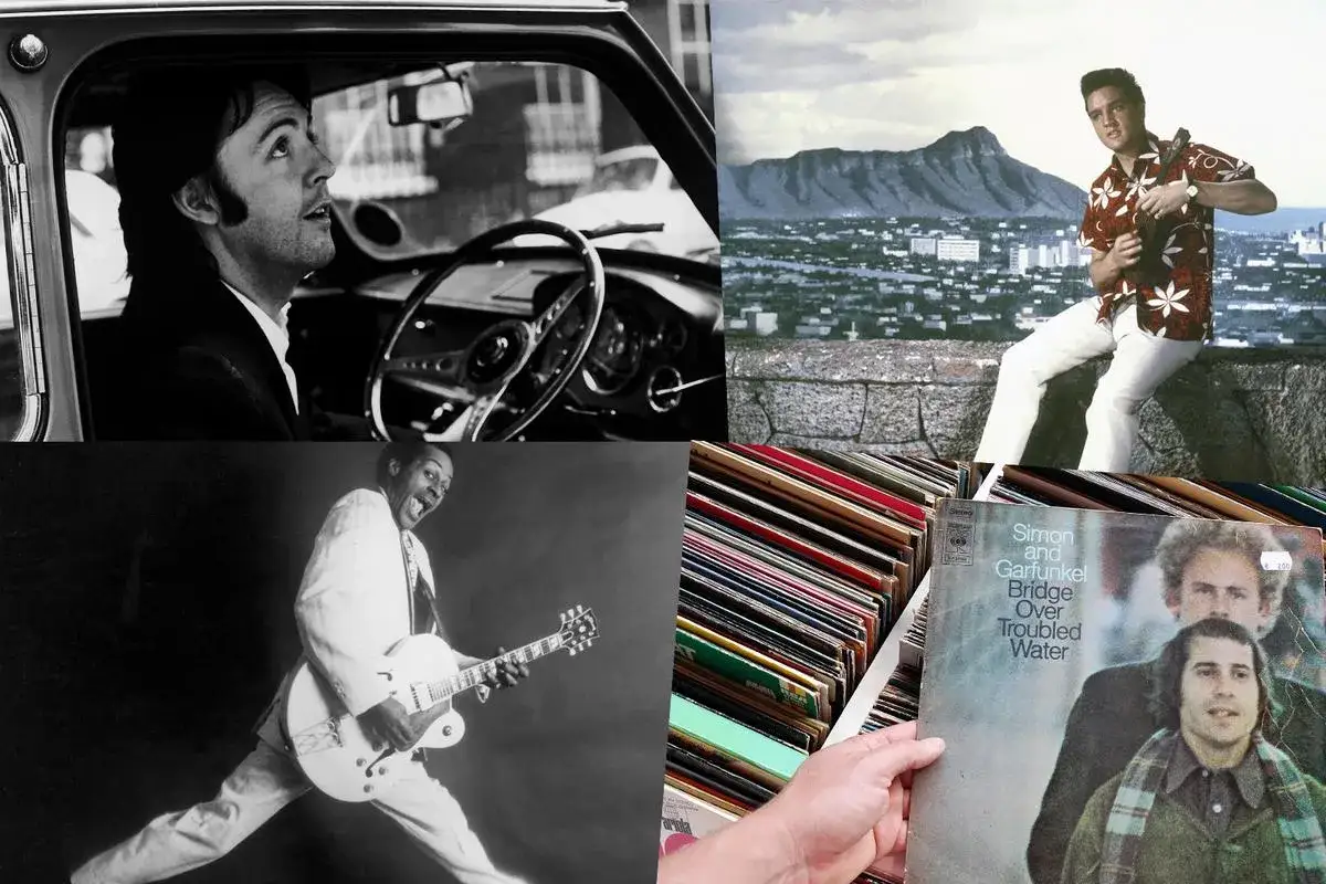Paul McCartney im Auto, Elvis in Hawaii, Chuck Berry mit Gitarre und eine Schallplatte von Simon & Garfunkel &ndash; Musikgeschichte, die oft gecovert wurde.