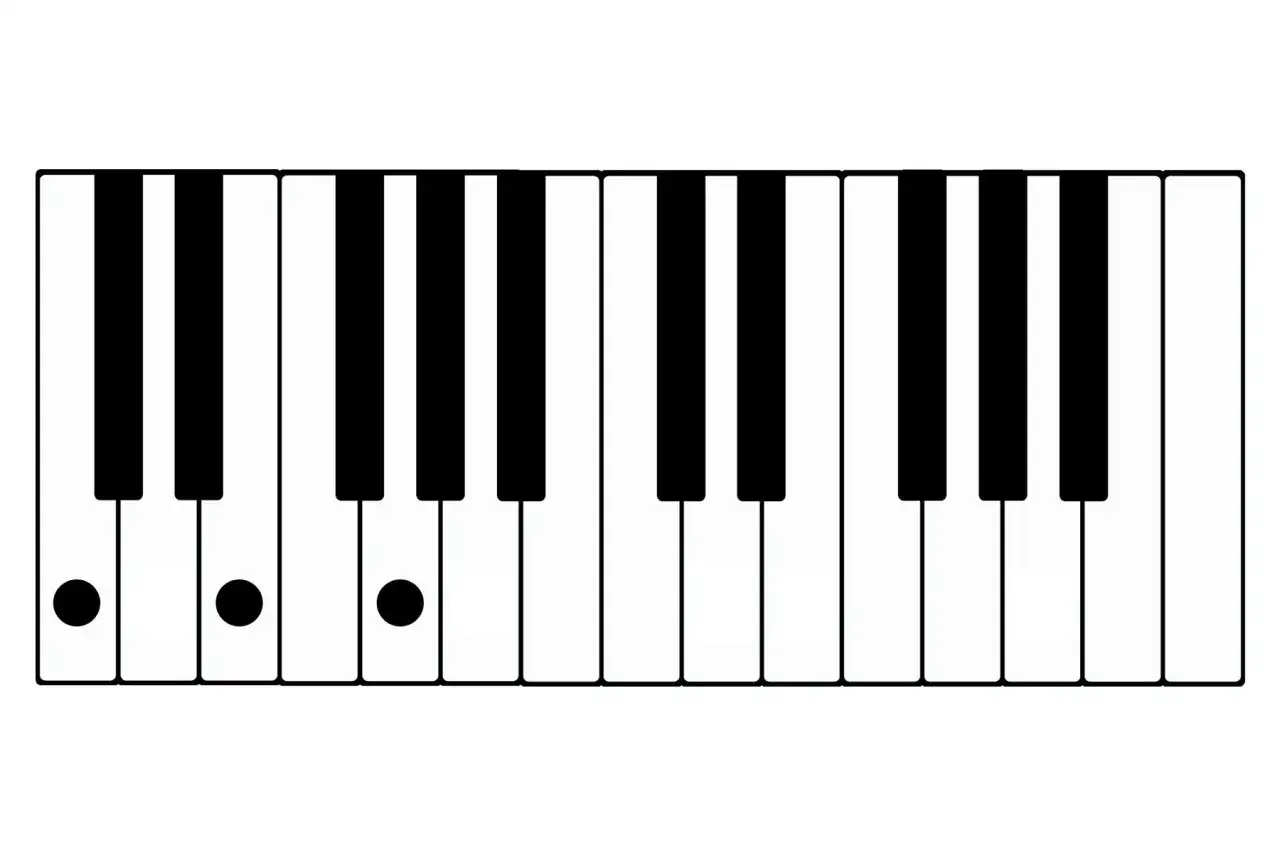 Klaviertasten mit drei schwarzen Punkten, die auf die ersten drei Noten einer Tonika-Musik hinweisen.