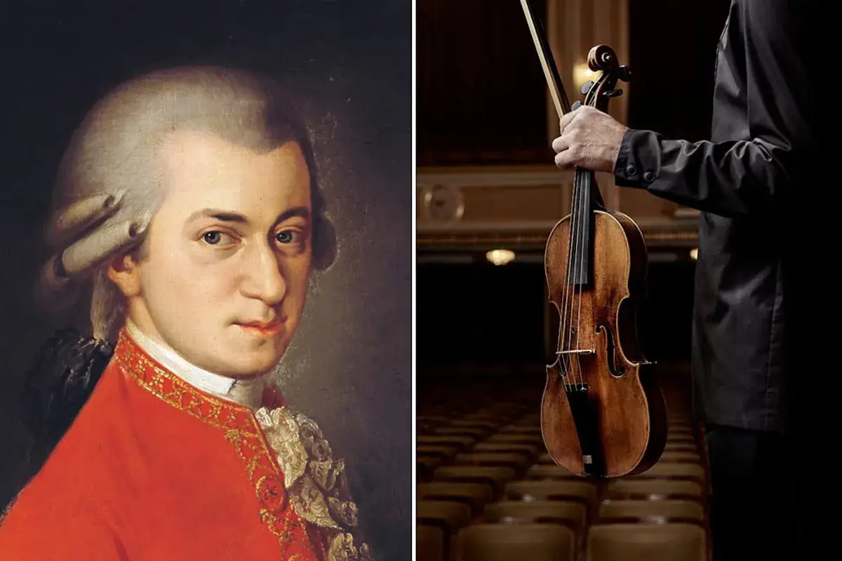 Portr&auml;t von Mozart und eine Violine. Er spielte viele Instrumente, aber die Violine war eines seiner Hauptinstrumente.
