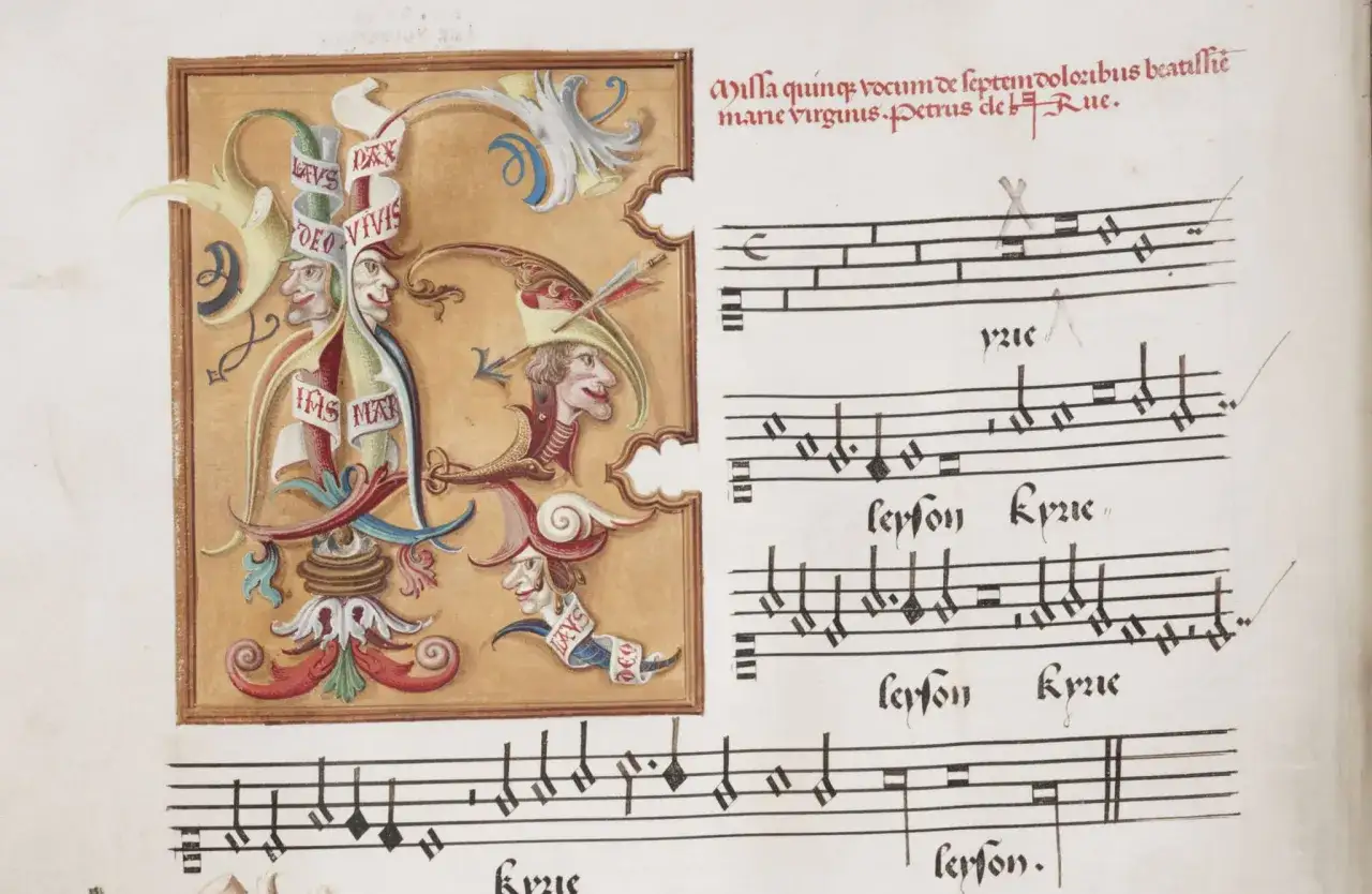 Dekorierte Notenbl&auml;tter mit mittelalterlicher Schrift und Illustrationen, die auf polyphonie musik hinweisen. Mehrere Stimmen scheinen sich zu &uuml;berlagern.
