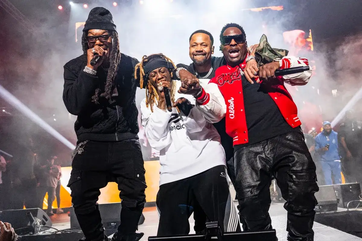 Vier Rapper auf der Bühne: Lil Wayne, 2 Chainz, Gucci Mane und Jeezy. Eine beeindruckende Rapper Namen Liste!